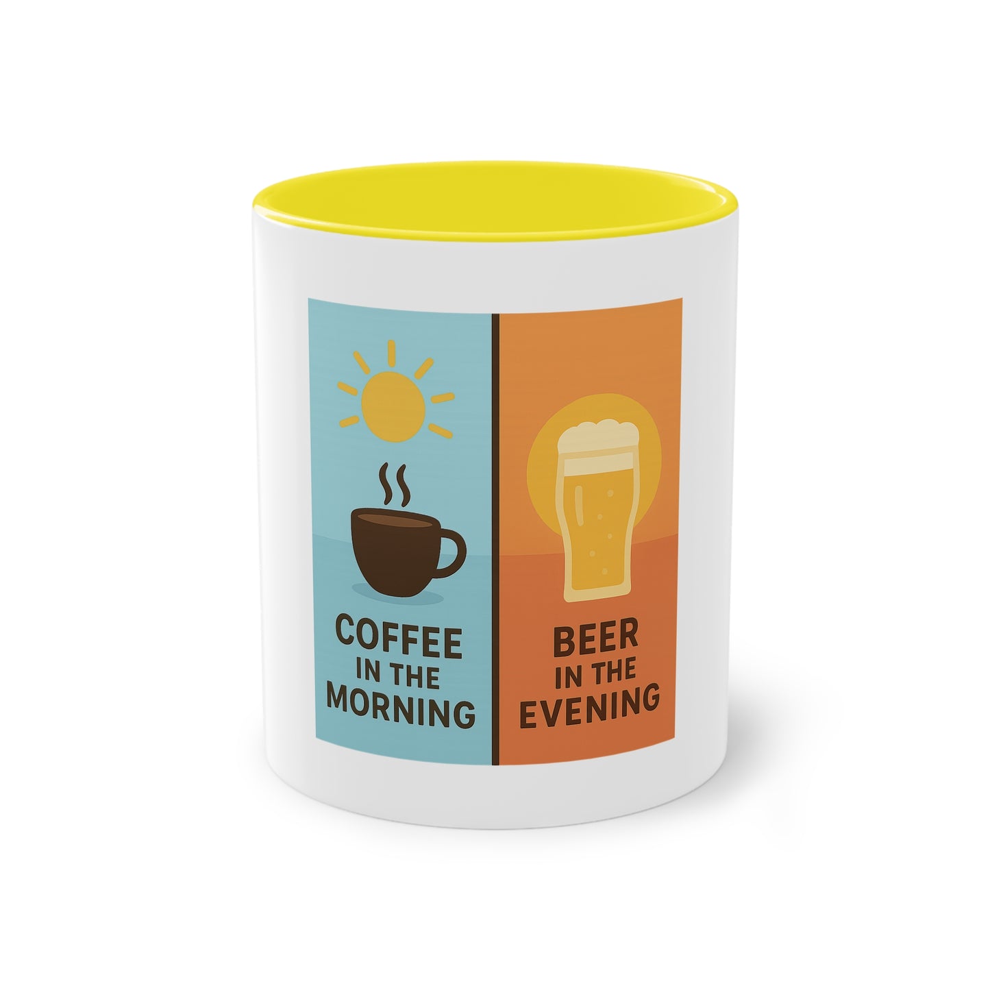Zweifarbige Kaffeetasse: Morgens Kaffee, abends Bier.
