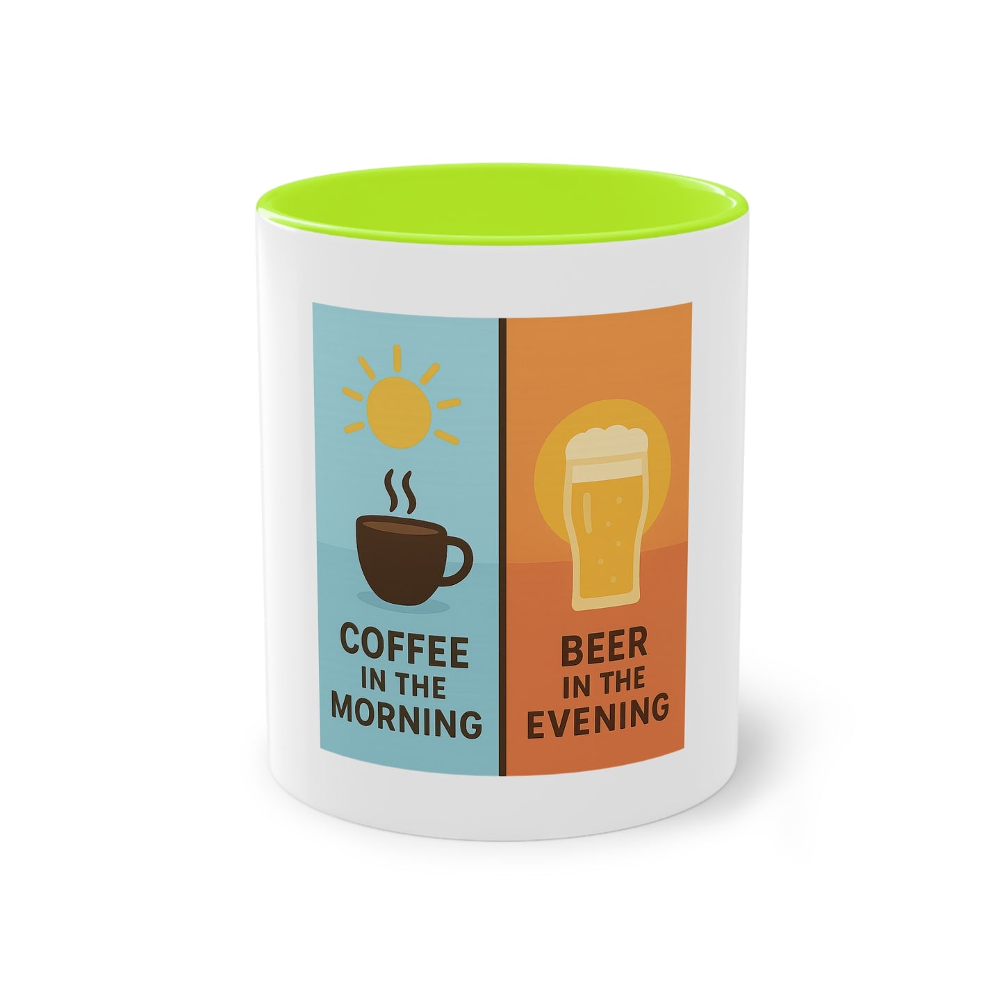 Zweifarbige Kaffeetasse: Morgens Kaffee, abends Bier.