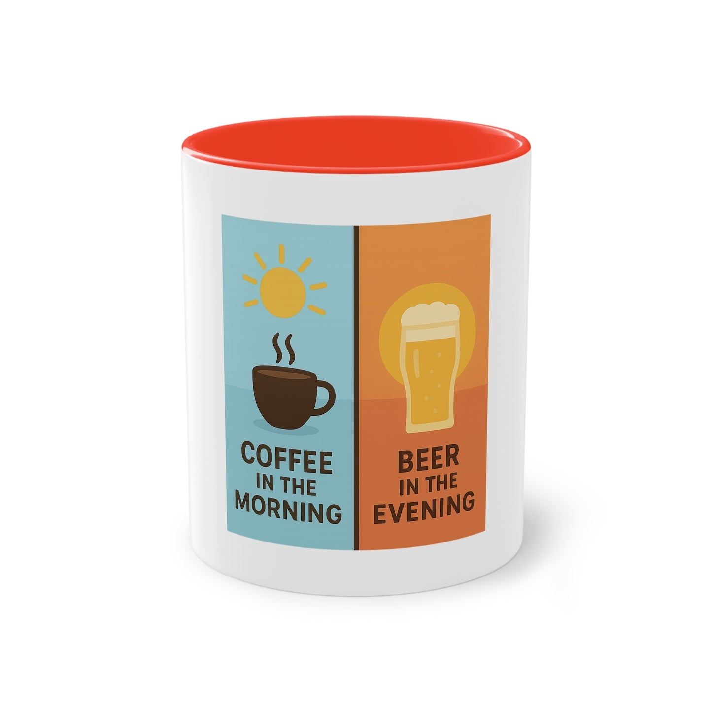 Zweifarbige Kaffeetasse: Morgens Kaffee, abends Bier.