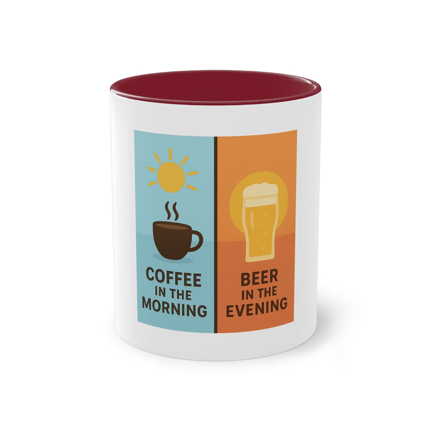 Zweifarbige Kaffeetasse: Morgens Kaffee, abends Bier.
