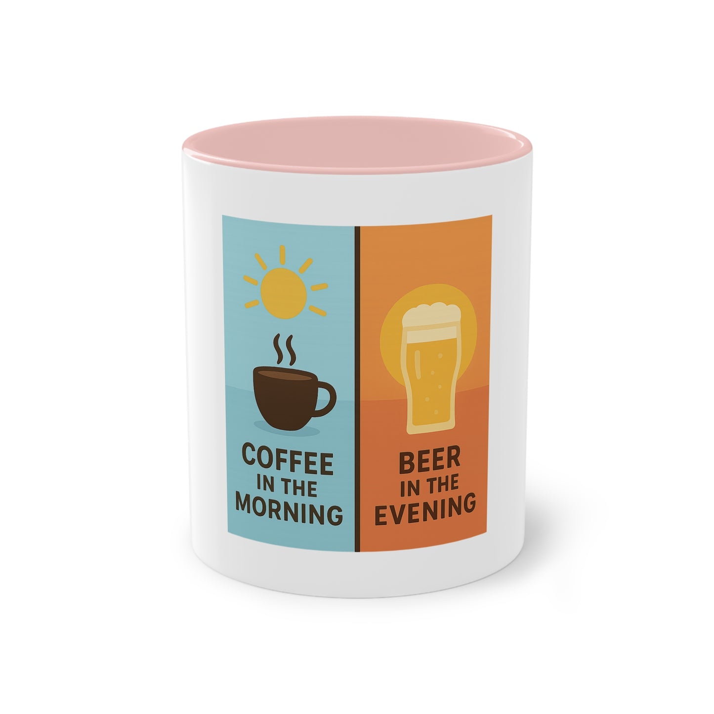 Zweifarbige Kaffeetasse: Morgens Kaffee, abends Bier.