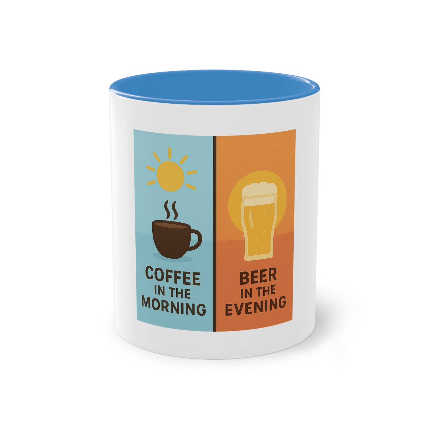 Zweifarbige Kaffeetasse: Morgens Kaffee, abends Bier.