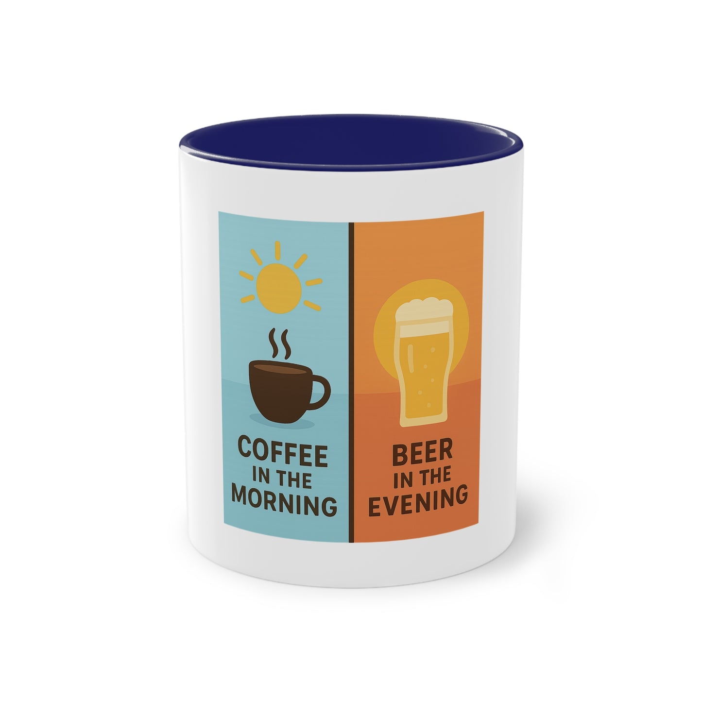 Zweifarbige Kaffeetasse: Morgens Kaffee, abends Bier.
