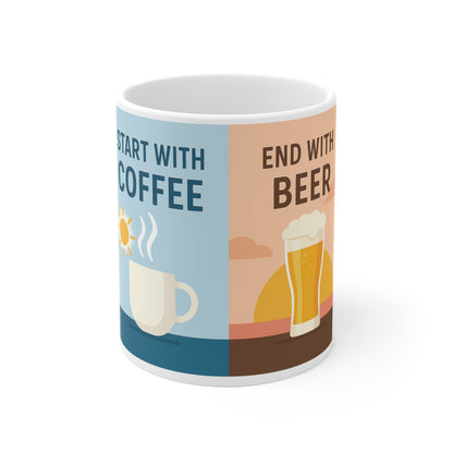 Tasse à café en céramique « Café et bière » - « Commencez par le café, terminez par la bière » 
