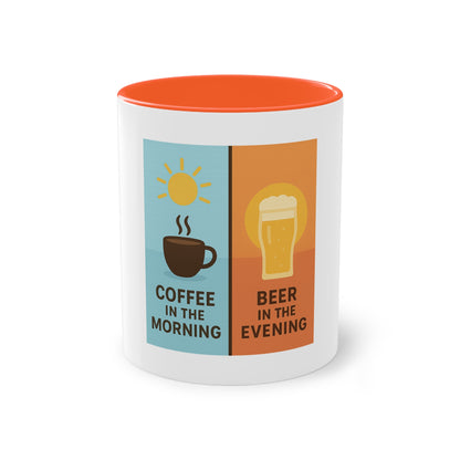 Two-tone coffee cup: Coffee in the morning, beer in the evening.