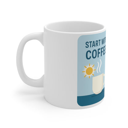 Tasse à café en céramique « Café et bière » - « Commencez par le café, terminez par la bière » 